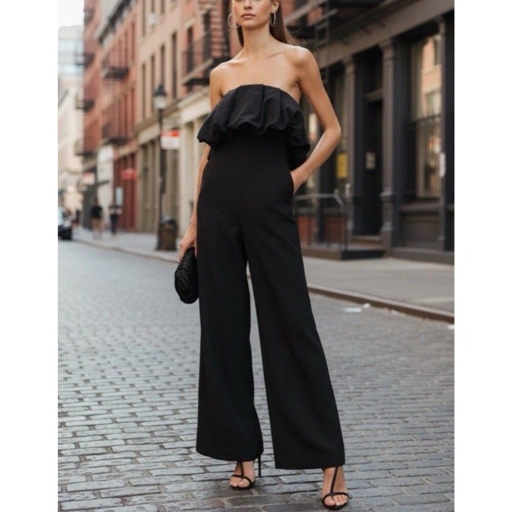 Jonathan Simkhai Black Jumpsuit Linen  Sleeveless Off The Shoulder $795 Size 4
